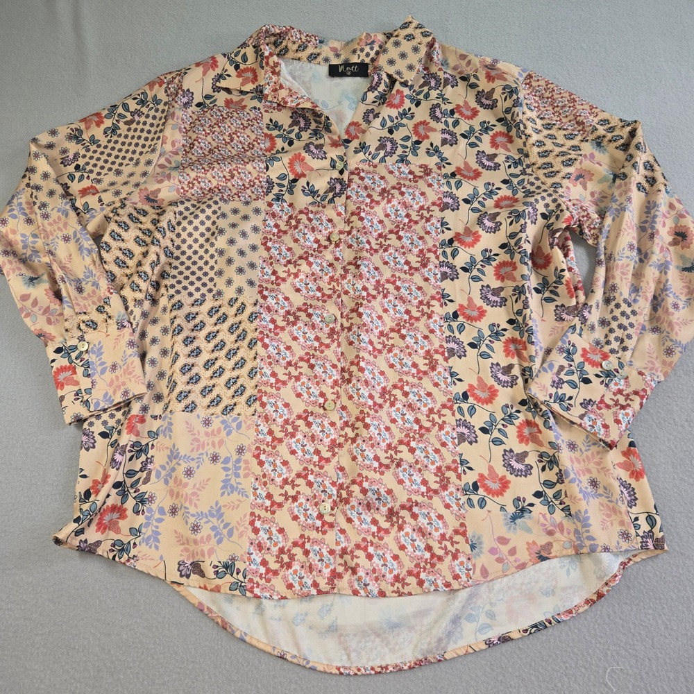 Meritt Floral Patchwork Blouse Womens XL Peach Multi Color Long Sleeve Button Up